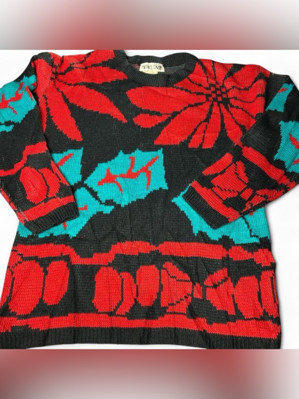 Floral Patterned 80’s Sweater - Red, teal and Black festive maximalism holiday